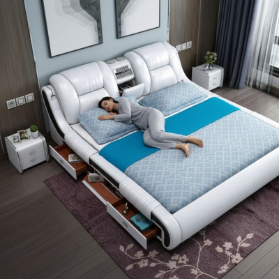 Sofá cama multifunción XXL para dormitorios grandes con caja USB, hotel, cuero, cojines y cajones.