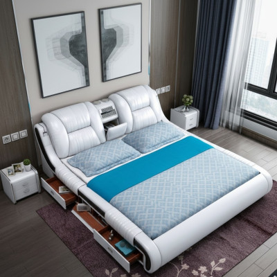 Sofá cama multifunción XXL para dormitorios grandes con caja USB, hotel, cuero, cojines y cajones.