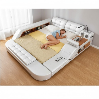 Diseño Doble Cama de Cuero de Lujo con USB, Multifunción, Nuevo