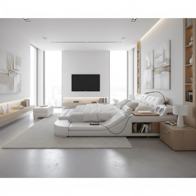 Diseño Doble Cama de Cuero de Lujo con USB, Multifunción, Nuevo