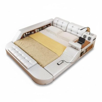 Diseño Doble Cama de Cuero de Lujo con USB, Multifunción, Nuevo