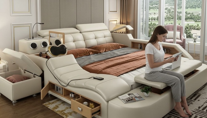 Cama multifuncional diseño de lujo en cuero con estante doble 180x200 cm.