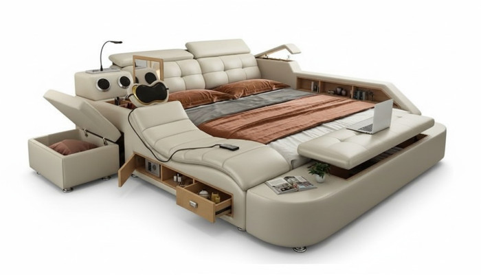 Cama multifuncional diseño de lujo en cuero con estante doble 180x200 cm.