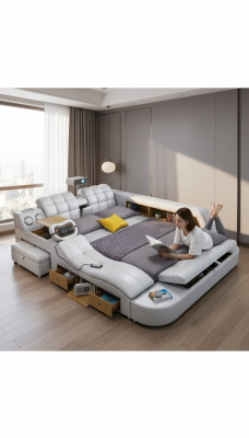 Multifunción Deluxe Cama Masaje Cama Hotel Tapizado Led usb Radio