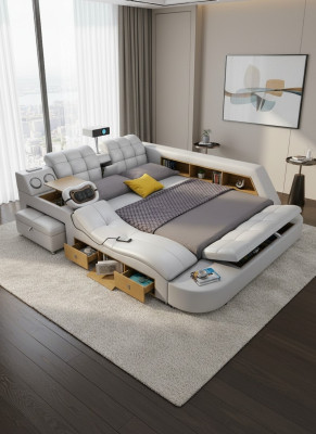 Multifunción Deluxe Cama Masaje Cama Hotel Tapizado Led usb Radio