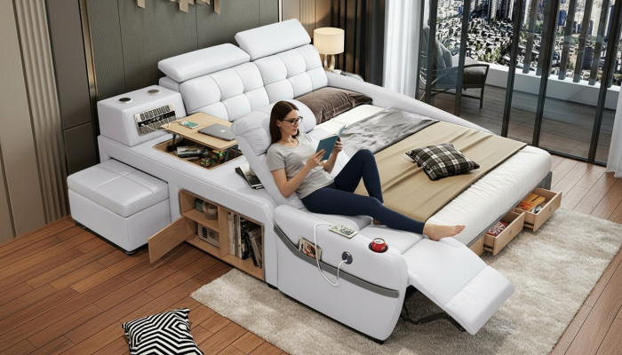 Cama de masaje multifunción con estantes USB tapizados en cuero de lujo.