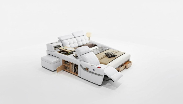 Cama de masaje multifunción con estantes USB tapizados en cuero de lujo.
