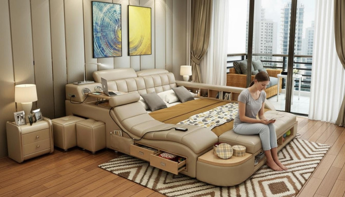 Camas multifuncionales de lujo con tapiz de cuero cama moderna para hotel con función de masaje nuevo.