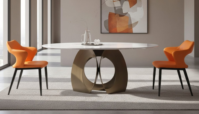 Mesa de comedor moderna de acero inoxidable para sala de estar y cocina. Mesas de diseño de metal.