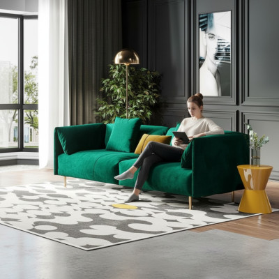 Sofá de 2 plazas de terciopelo, asientos de club de madera de diseño relajado.