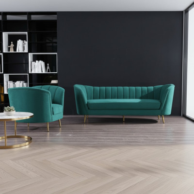 Sofá de diseño de lounge con asiento de 2 plazas, relax, terciopelo y madera maciza.