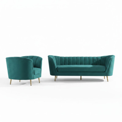 Sofá de diseño de lounge con asiento de 2 plazas, relax, terciopelo y madera maciza.
