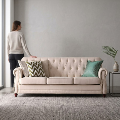 Sofá Chesterfield de 3 plazas, sala de estar relajante, diseño de asiento, sofá tipo lounge.