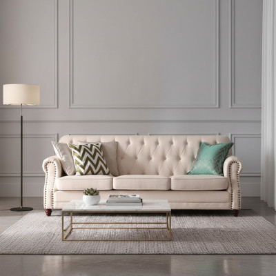 Sofá Chesterfield de 3 plazas, sala de estar relajante, diseño de asiento, sofá tipo lounge.