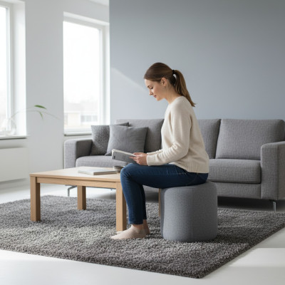 Taburete redondo, diseño moderno, reposapiés, taburete auxiliar, sillón chaise longue, tapizado.