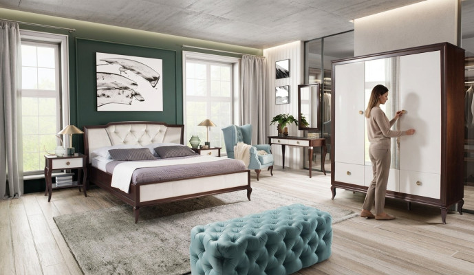 Conjunto de dormitorio completo de 4 piezas: cama de diseño + 2 mesitas de noche + armario