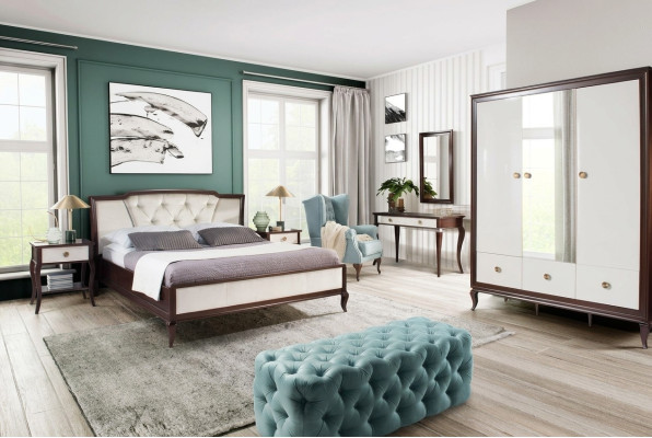 Conjunto de dormitorio completo de 4 piezas: cama de diseño + 2 mesitas de noche + armario