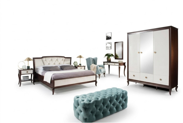 Conjunto de dormitorio completo de 4 piezas: cama de diseño + 2 mesitas de noche + armario