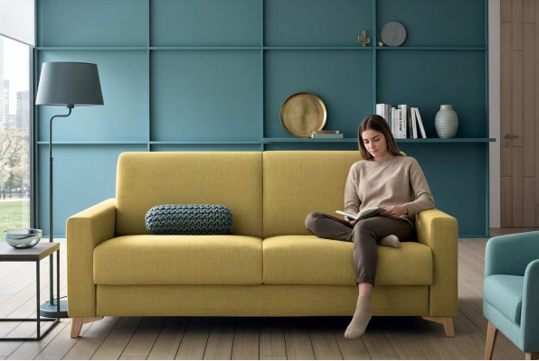 Sofá de diseñador de dos plazas, sofá biplaza amarillo de tela, sofá cama, muebles italianos.