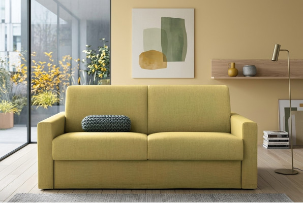 Sofá de diseñador de dos plazas, sofá biplaza amarillo de tela, sofá cama, muebles italianos.