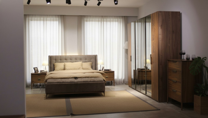 Conjunto de dormitorio de diseñador Cama de lujo 2 mesitas de noche de madera Completamente nueva 3 piezas.