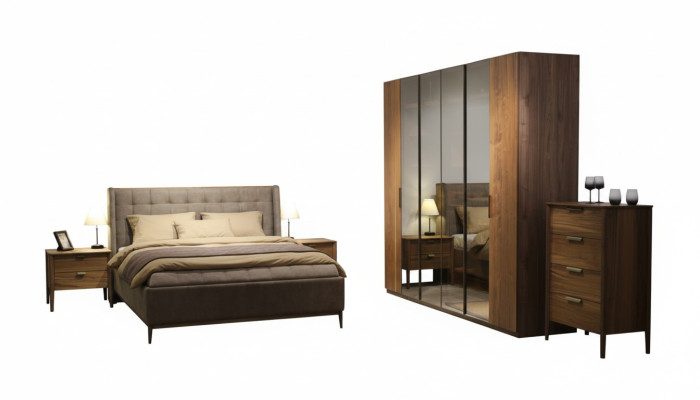 Conjunto de dormitorio de diseñador Cama de lujo 2 mesitas de noche de madera Completamente nueva 3 piezas.