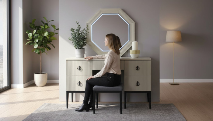 Práctico, moderno y nuevo, tocador de dormitorio con espejo y taburete.
