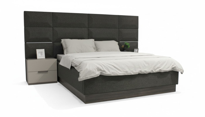 Juego de dormitorio de lujo. Cama de diseñador con 2 mesitas de noche de madera. Completamente nuevo, 3 piezas.