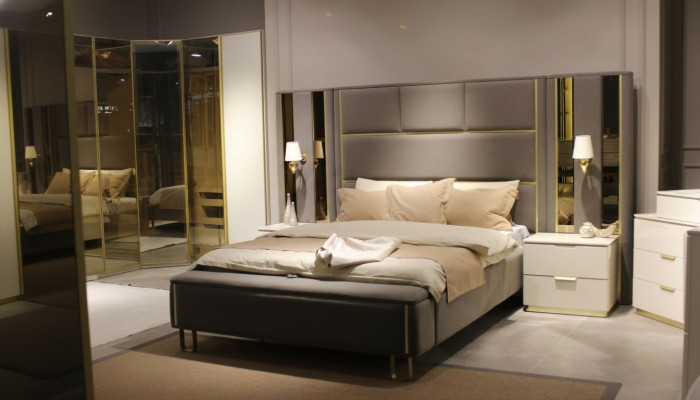 Juego de dormitorio de lujo Cama + 2 mesitas de noche + Banco Diseño Muebles 4 pzas. Nuevo