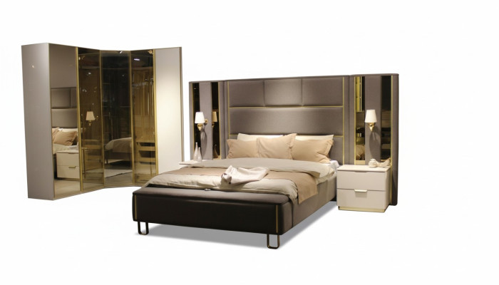 Juego de dormitorio de lujo Cama + 2 mesitas de noche + Banco Diseño Muebles 4 pzas. Nuevo