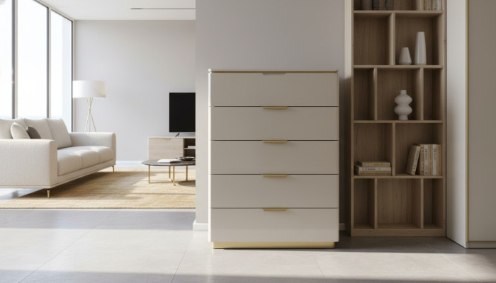 Diseño de muebles de lujo para dormitorio: cómoda con 4 cajones de madera, armario de madera nuevo.