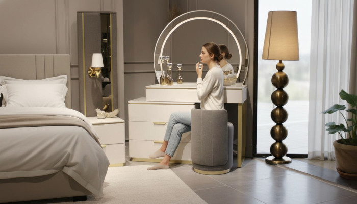 Juego de tocador consola espejo muebles diseño taburete 3 piezas. Nuevo