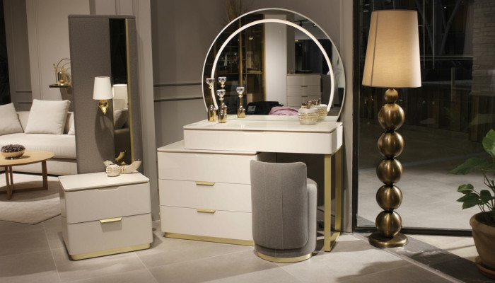 Juego de tocador consola espejo muebles diseño taburete 3 piezas. Nuevo