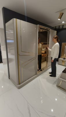 Moderno armario ropero de lujo madera gabinetes de vidrio alto brillo dormitorio.
