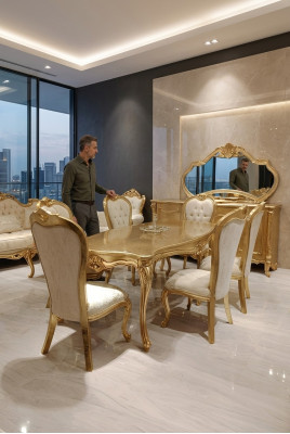 Mesa de comedor clásica + 6 sillas + aparador con espejo de madera dorada Nuevo.