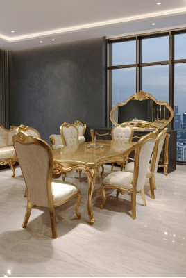 Mesa de comedor clásica + 6 sillas + aparador con espejo de madera dorada Nuevo.