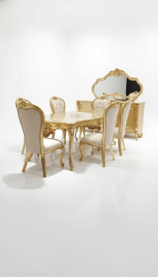 Mesa de comedor clásica + 6 sillas + aparador con espejo de madera dorada Nuevo.