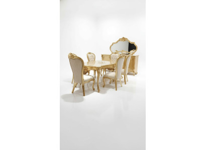 Mesa de comedor clásica + 6 sillas + aparador con espejo de madera dorada Nuevo.