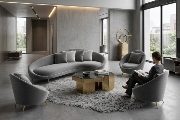 Sofá esquinero en forma de L de terciopelo, sofá de paisaje urbano de diseño relajado, sofá de salón.
