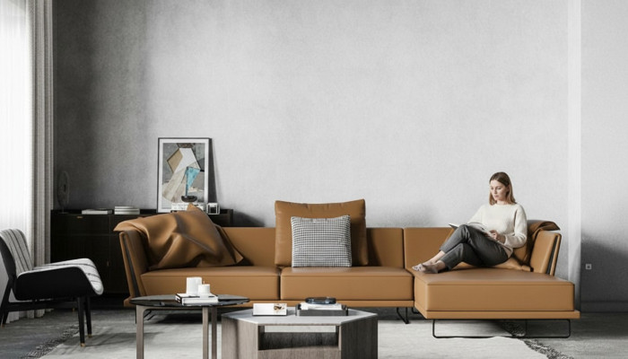 Sofá esquinero de forma L de cuero, salón, sofá relax, diseño sofá, sofá lounge, nuevo.