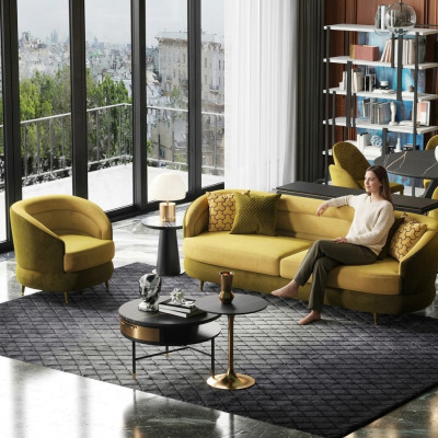 Diseño sofá lounge de terciopelo amarillo de 3+1 plazas con sofá de sala de estar.