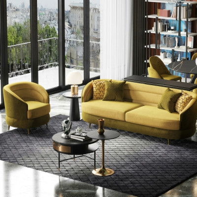 Diseño sofá lounge de terciopelo amarillo de 3+1 plazas con sofá de sala de estar.