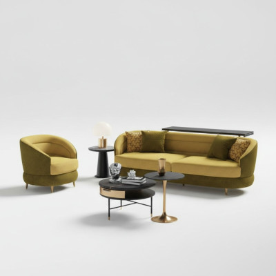 Diseño sofá lounge de terciopelo amarillo de 3+1 plazas con sofá de sala de estar.