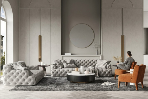Conjunto de sofás de cuero de 3 plazas + 2 plazas. Sofá Chesterfield de diseño para salón.