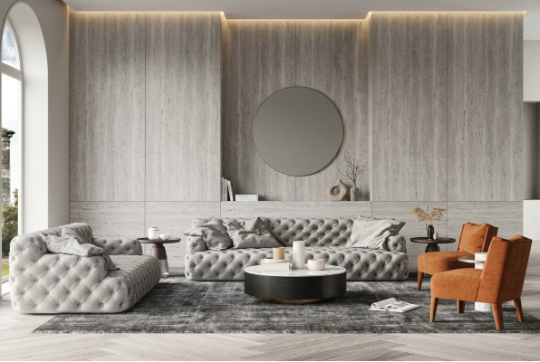 Conjunto de sofás de cuero de 3 plazas + 2 plazas. Sofá Chesterfield de diseño para salón.