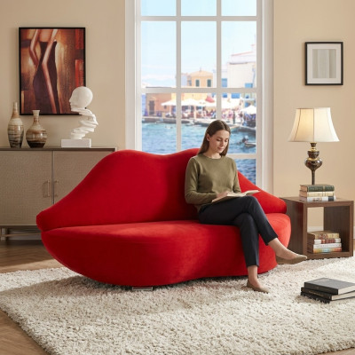 Sofá de labios de 2 plazas de terciopelo moderno acolchado, asiento de relajación de lujo, muebles nuevos de sofá.