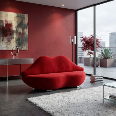 Sofá de labios de 2 plazas de terciopelo moderno acolchado, asiento de relajación de lujo, muebles nuevos de sofá.
