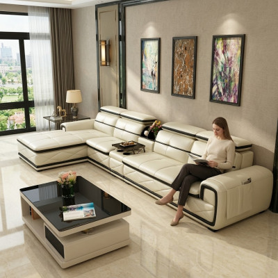 Sofá de cuero de lujo en forma de L esquina moderno acolchado relajante mueble conjunto de sala