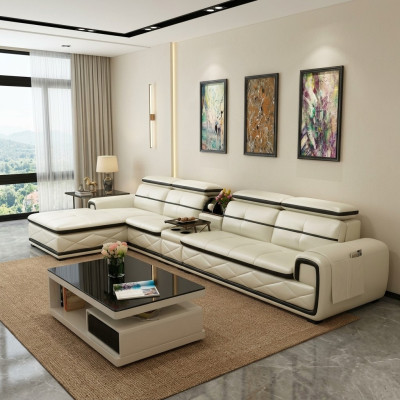 Sofá de cuero de lujo en forma de L esquina moderno acolchado relajante mueble conjunto de sala
