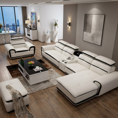 Sofá de esquina de lujo en forma de L, cómodo, moderno, mueble relax, paisaje de salón.